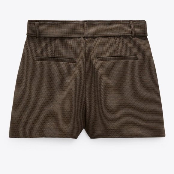 NEW Zara Houndstooth Checker Plaid High Waist Self Tie Belt Shorts Dark Brown S - Picture 8 of 10
